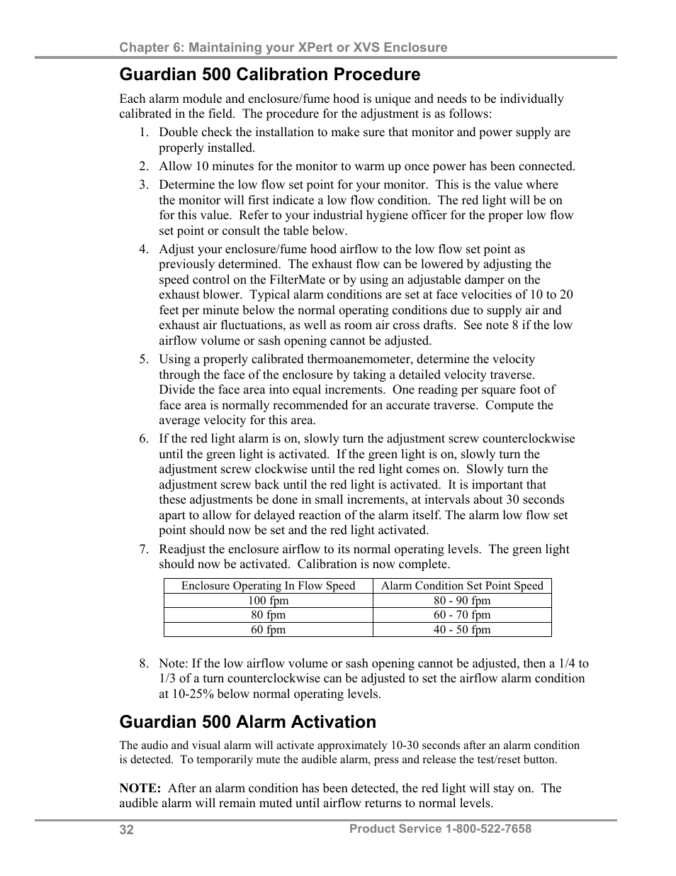 Guardian 500 calibration procedure, Guardian 500 alarm activation | Labconco XVS Ventilation Stations 4865060 User Manual | Page 36 / 59