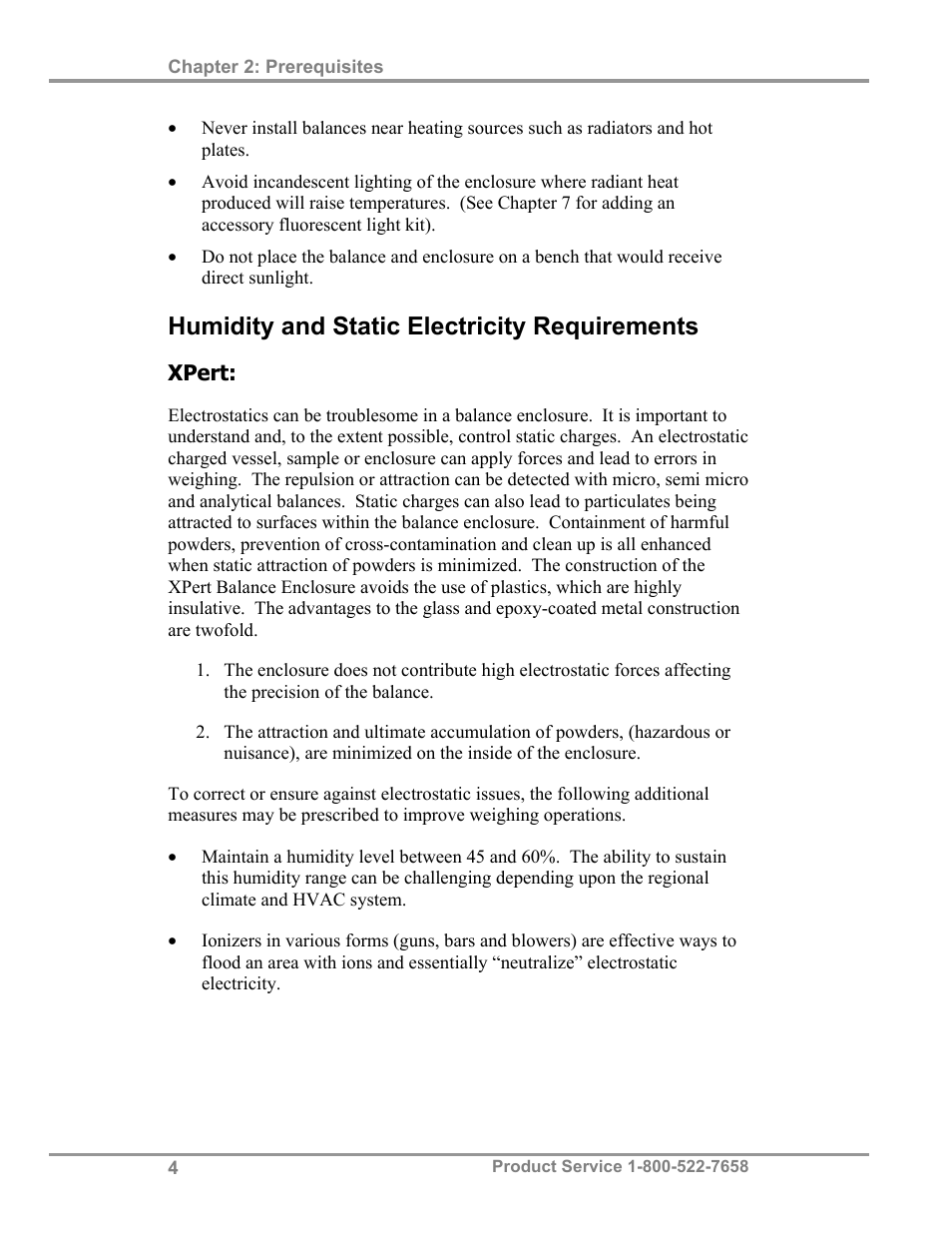 Humidity and static electricity requirements | Labconco XVS Ventilation Stations 4865060 User Manual | Page 8 / 59