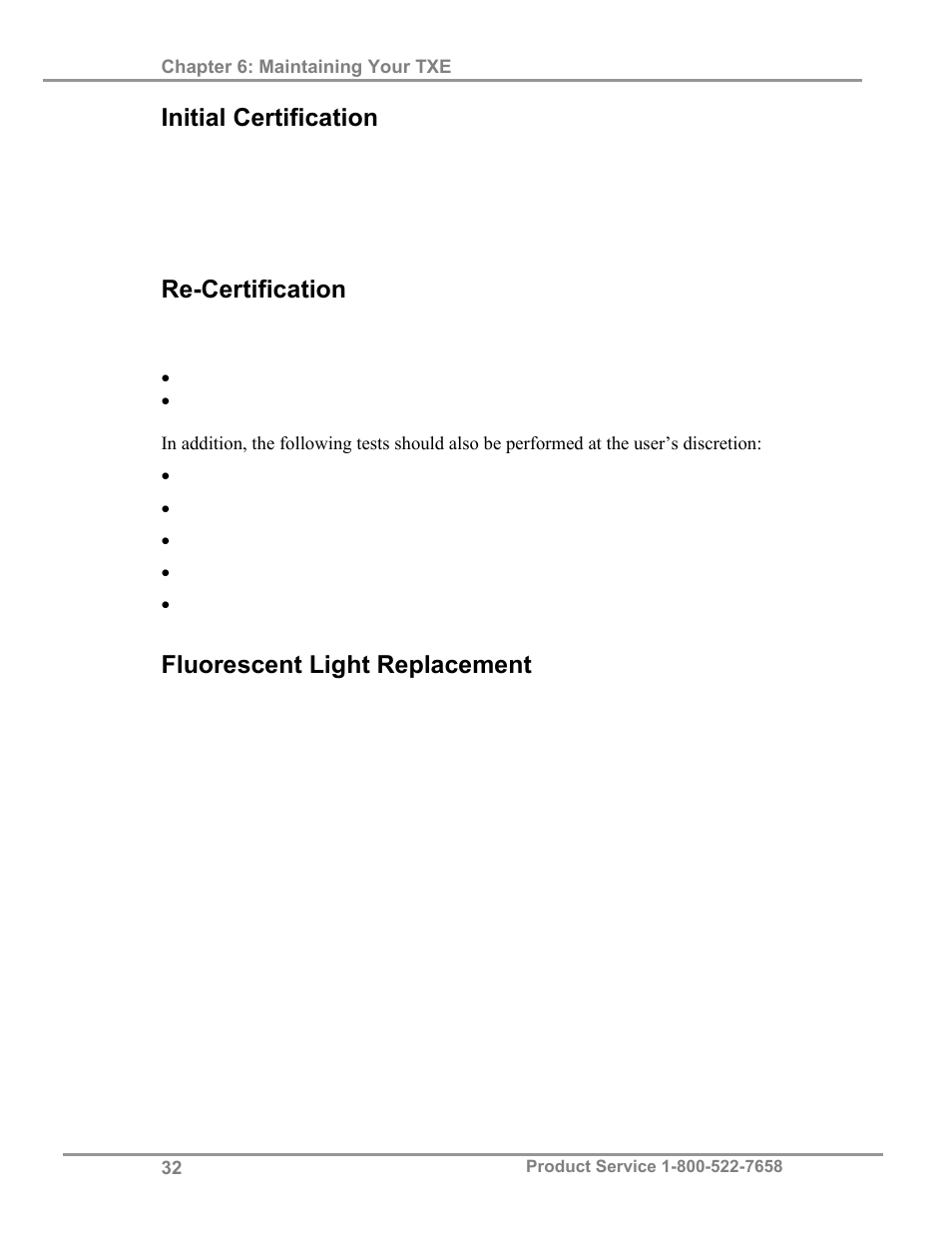 Initial certification, Re-certification, Fluorescent light replacement | Labconco TXE Tall XPerEnclosure 3892022 User Manual | Page 36 / 48