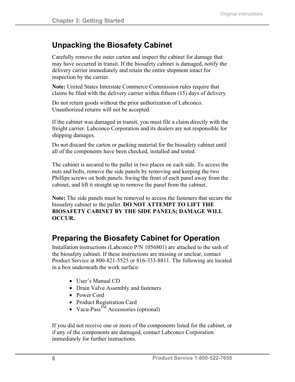 Unpacking the biosafety cabinet, Preparing the biosafety cabinet for operation | Labconco Biological Safety Cabinets 34269 Series User Manual | Page 14 / 77