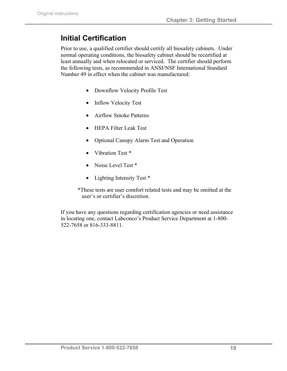 Initial certification | Labconco Biological Safety Cabinets 34269 Series User Manual | Page 25 / 77