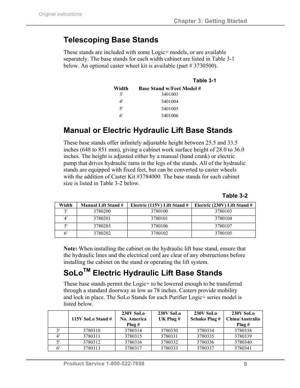 Telescoping base stands, Manual or electric hydraulic lift base stands, Solo | Electric hydraulic lift base stands | Labconco Biological Safety Cabinets 30268 Series User Manual | Page 15 / 61