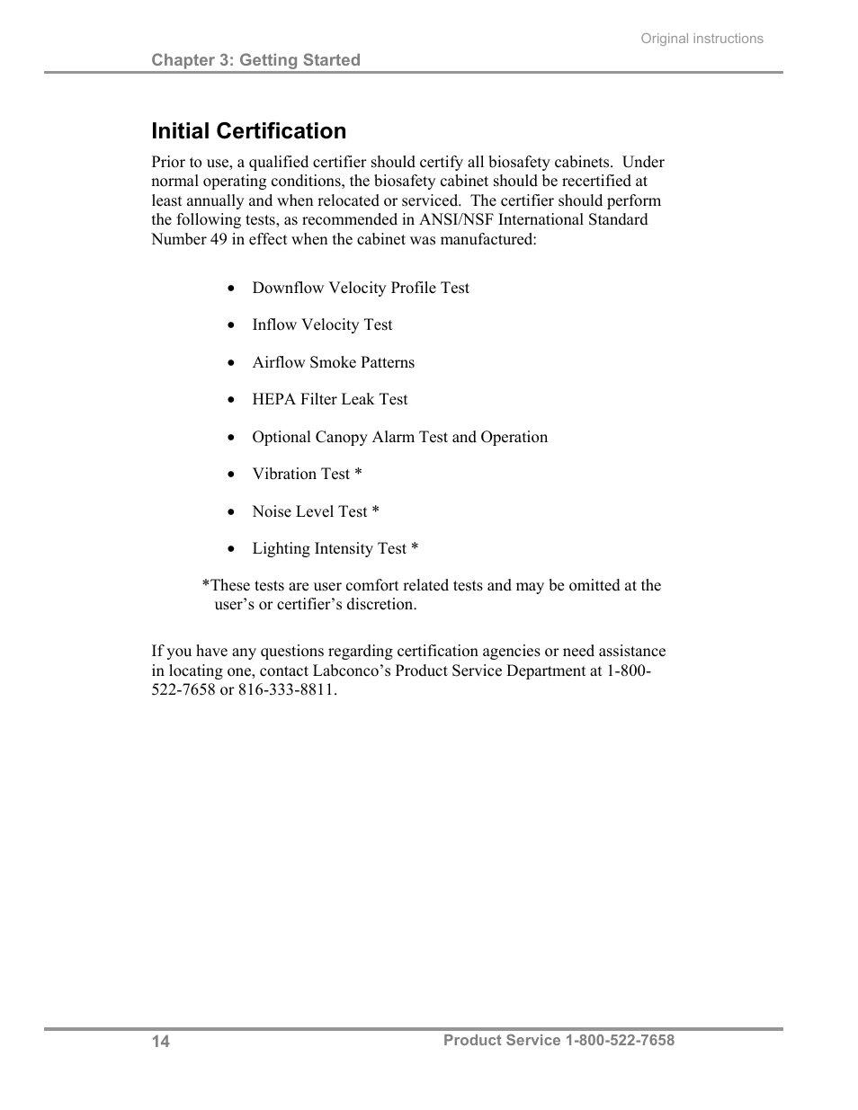 Initial certification | Labconco Biological Safety Cabinets 30268 Series User Manual | Page 20 / 61