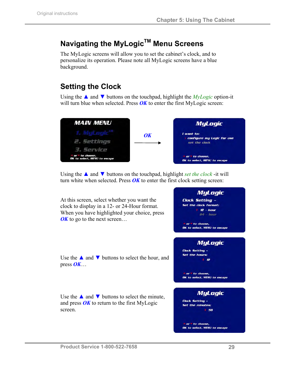 Navigating the mylogic, Menu screens, Setting the clock | Labconco Biological Safety Cabinets 30268 Series User Manual | Page 35 / 61