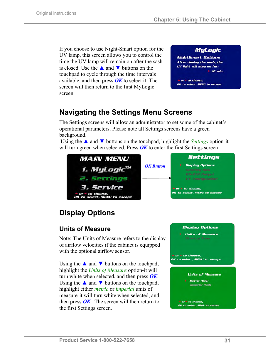 Navigating the settings menu screens, Display options | Labconco Biological Safety Cabinets 30268 Series User Manual | Page 37 / 61
