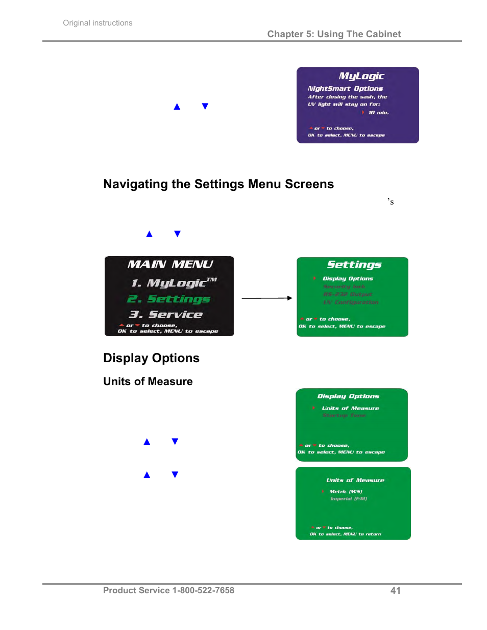 Navigating the settings menu screens, Display options | Labconco Biological Safety Cabinets 30468 Series User Manual | Page 47 / 71
