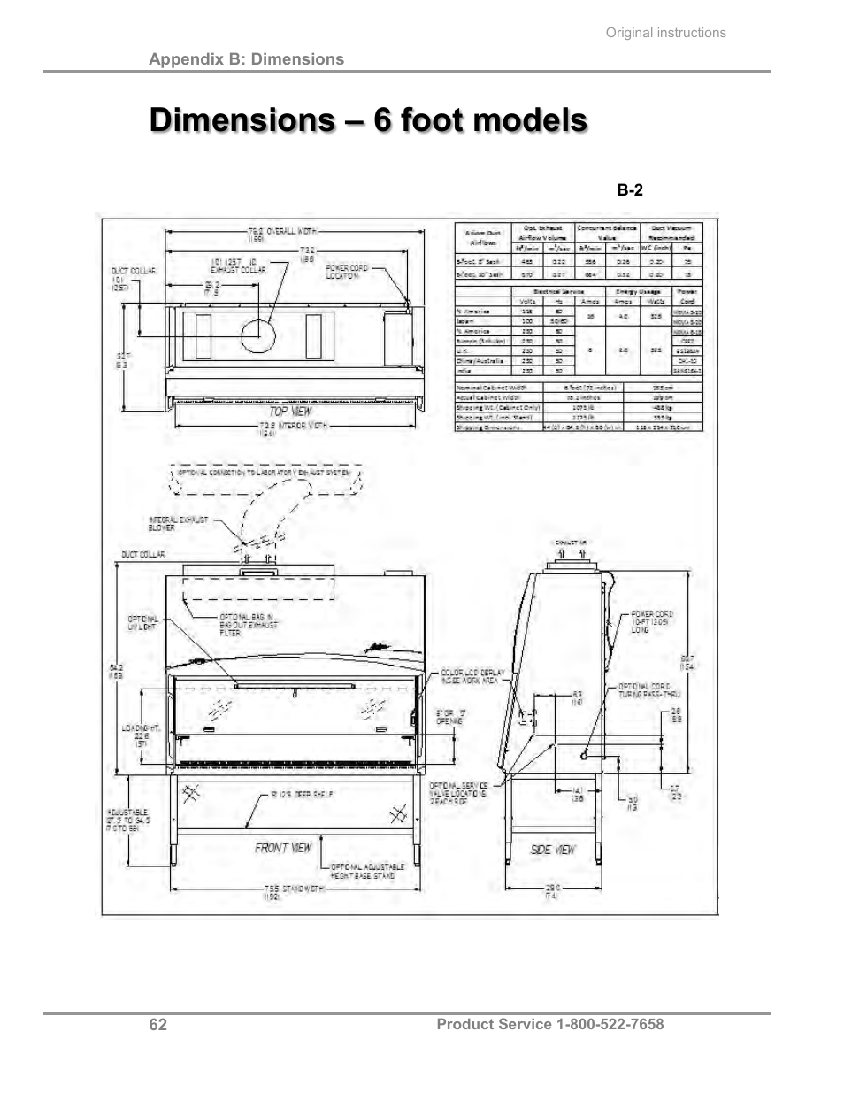 Dimensions – 6 foot models | Labconco Biological Safety Cabinets 30468 Series User Manual | Page 68 / 71