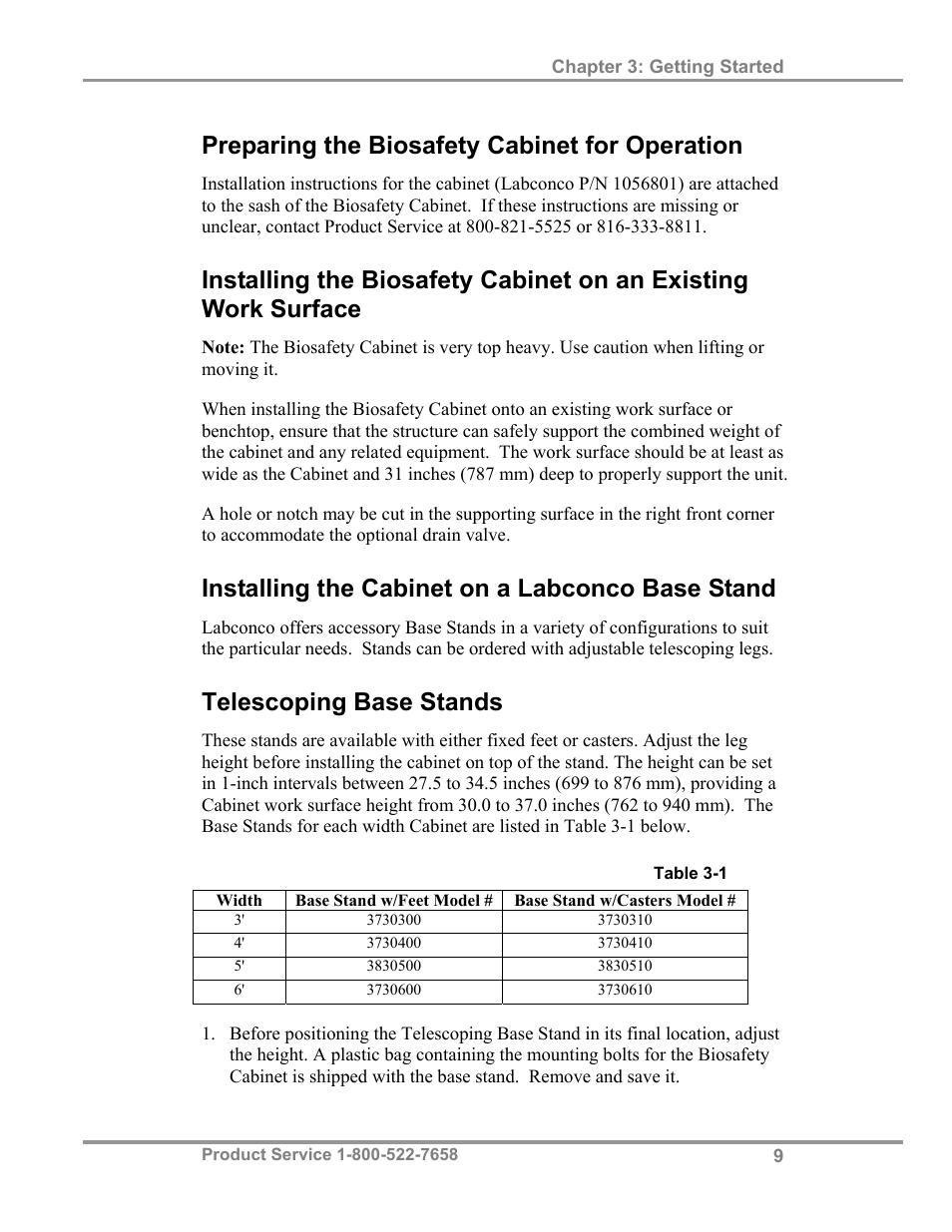 Preparing the biosafety cabinet for operation, Installing the cabinet on a labconco base stand, Telescoping base stands | Labconco Biological Safety Cabinets 34610 Series User Manual | Page 14 / 85