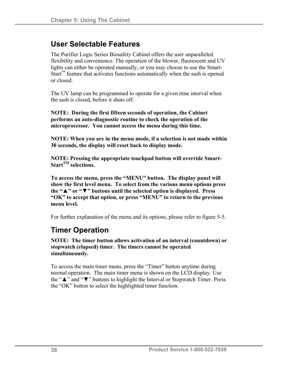 User selectable features, Timer operation | Labconco Biological Safety Cabinets 34610 Series User Manual | Page 43 / 85