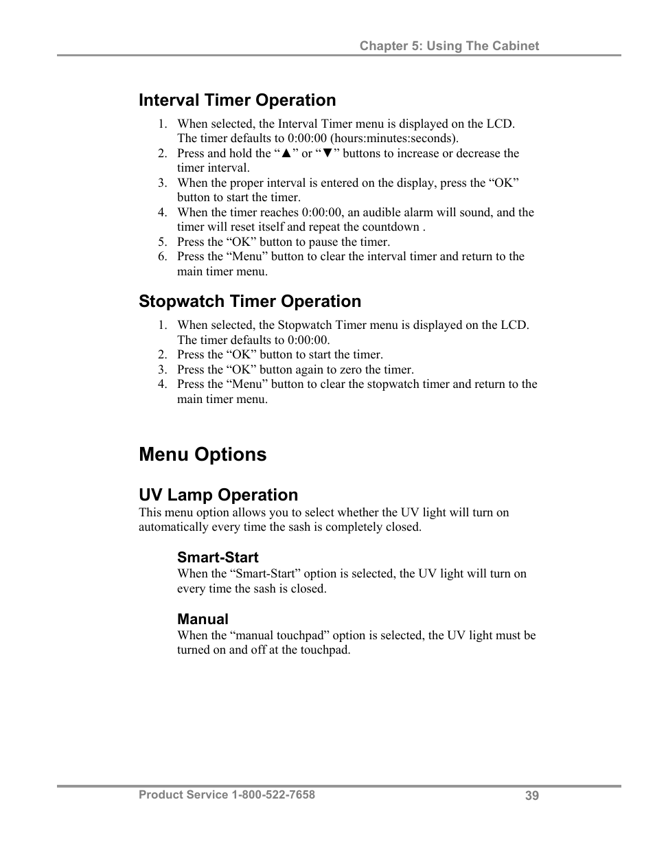 Menu options, Interval timer operation, Stopwatch timer operation | Uv lamp operation | Labconco Biological Safety Cabinets 34610 Series User Manual | Page 44 / 85