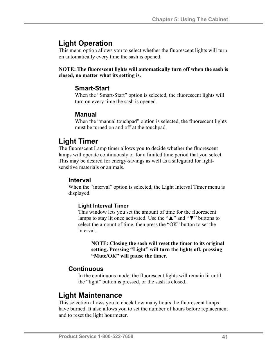 Light operation, Light timer, Light maintenance | Labconco Biological Safety Cabinets 34610 Series User Manual | Page 46 / 85