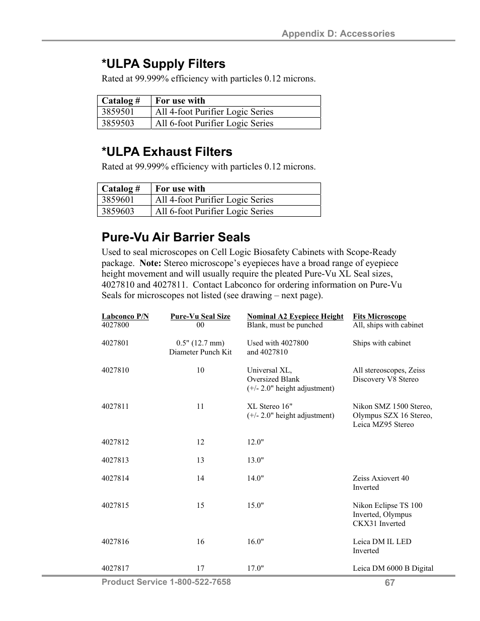 Ulpa supply filters, Ulpa exhaust filters, Pure-vu air barrier seals | Labconco Biological Safety Cabinets 34610 Series User Manual | Page 72 / 85