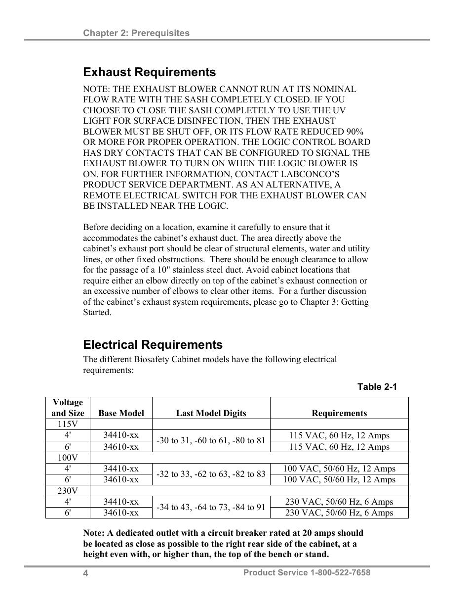 Exhaust requirements, Electrical requirements | Labconco Biological Safety Cabinets 34610 Series User Manual | Page 9 / 85