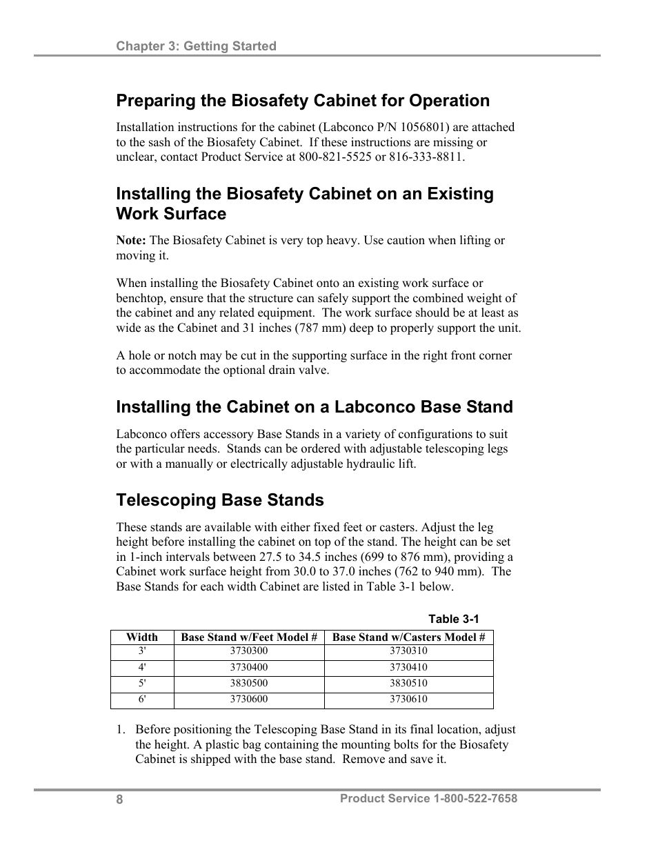 Preparing the biosafety cabinet for operation, Installing the cabinet on a labconco base stand, Telescoping base stands | Labconco Biological Safety Cabinets 34608 Series User Manual | Page 13 / 69