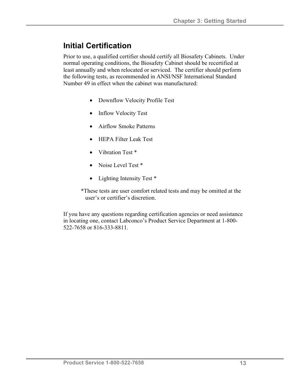 Initial certification | Labconco Biological Safety Cabinets 34608 Series User Manual | Page 18 / 69