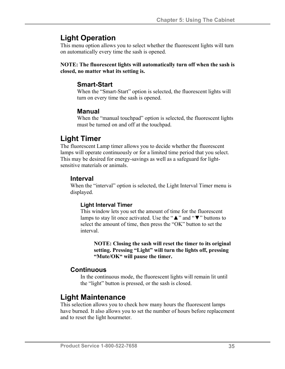 Light operation, Light timer, Light maintenance | Labconco Biological Safety Cabinets 34608 Series User Manual | Page 40 / 69