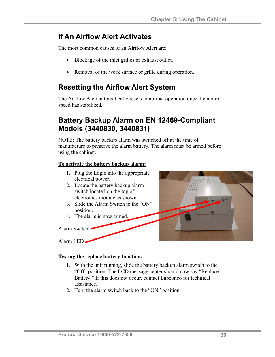 If an airflow alert activates, Resetting the airflow alert system | Labconco Biological Safety Cabinets 34608 Series User Manual | Page 44 / 69