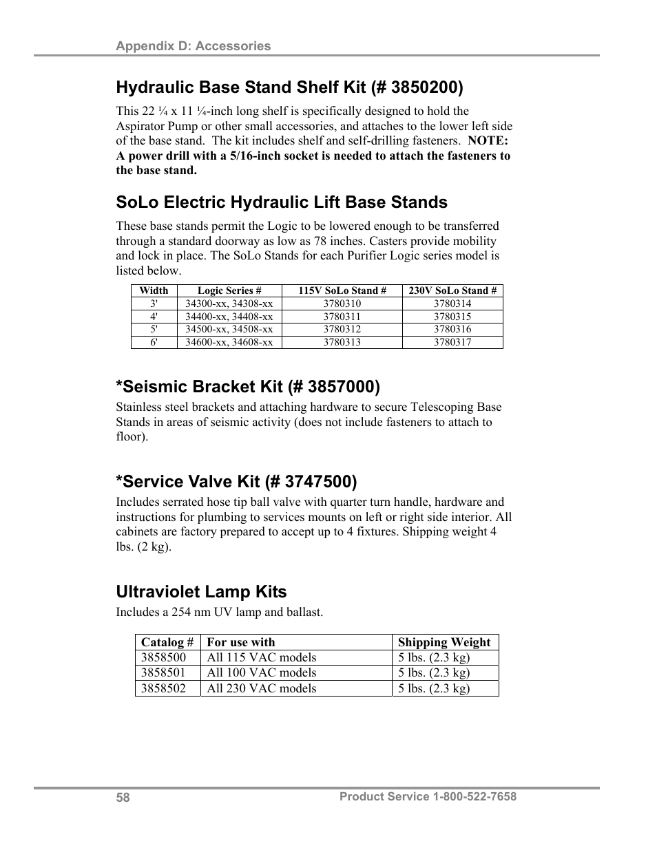 Solo electric hydraulic lift base stands, Ultraviolet lamp kits | Labconco Biological Safety Cabinets 34608 Series User Manual | Page 63 / 69