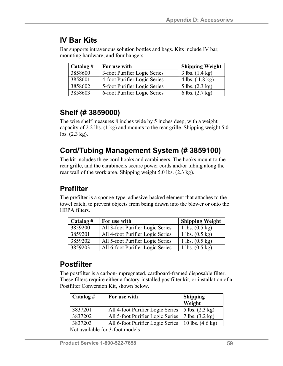 Iv bar kits, Prefilter, Postfilter | Labconco Biological Safety Cabinets 34608 Series User Manual | Page 64 / 69