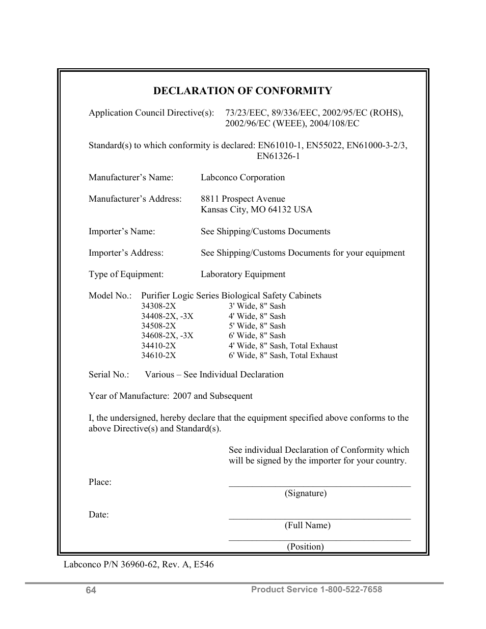 Declaration of conformity | Labconco Biological Safety Cabinets 34608 Series User Manual | Page 69 / 69