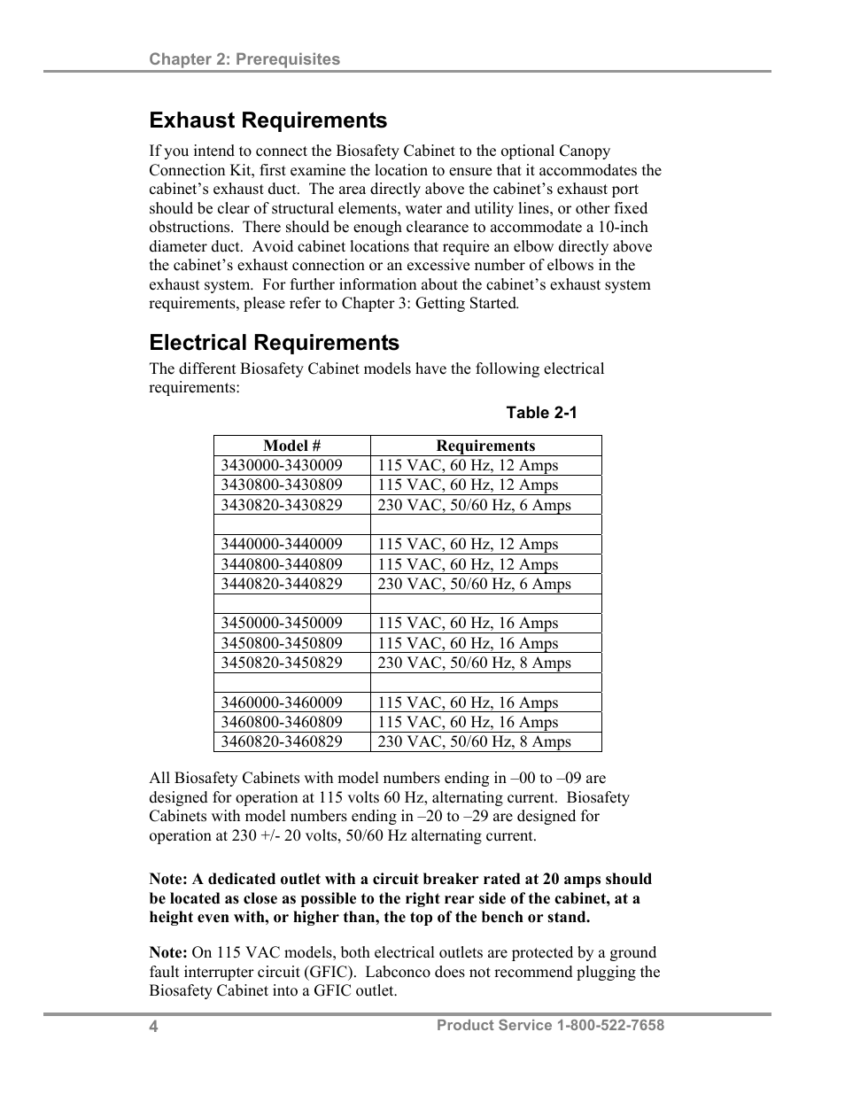 Exhaust requirements, Electrical requirements | Labconco Biological Safety Cabinets 34608 Series User Manual | Page 9 / 69