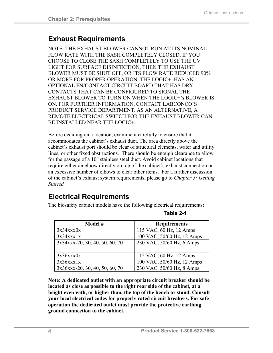 Exhaust requirements, Electrical requirements | Labconco Total Exhaust Biological Safety Cabinets 34368 Series User Manual | Page 10 / 76