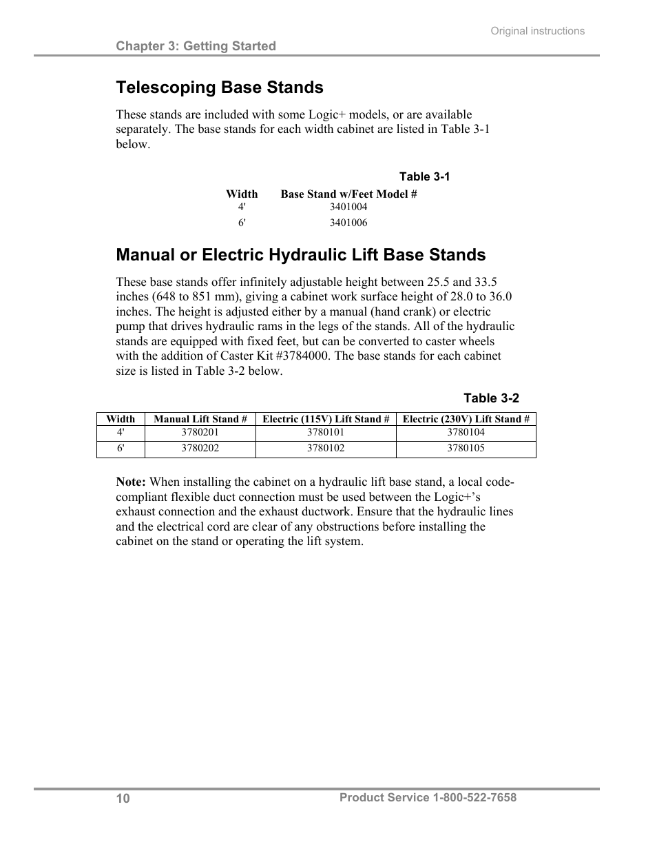 Telescoping base stands, Manual or electric hydraulic lift base stands | Labconco Total Exhaust Biological Safety Cabinets 34368 Series User Manual | Page 16 / 76