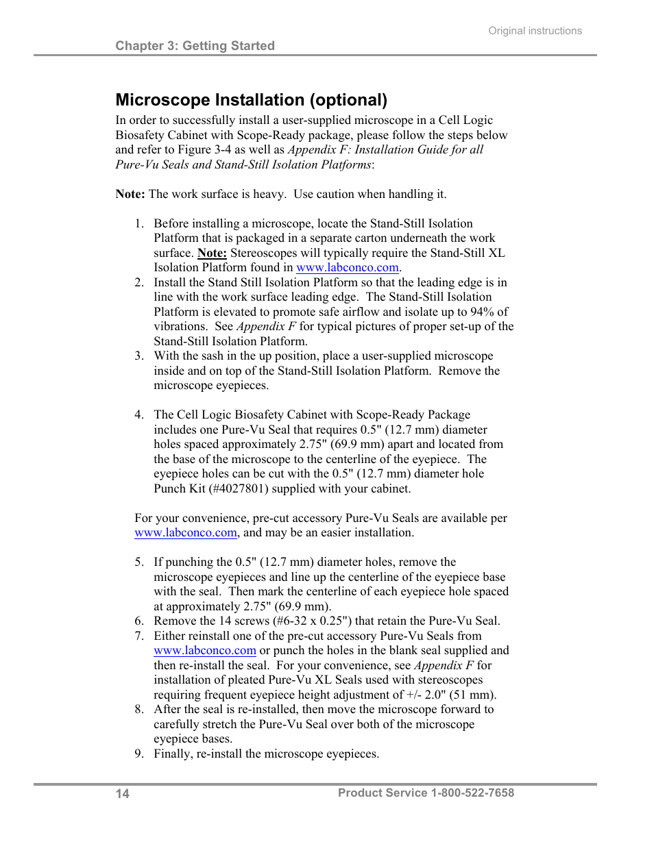 Microscope installation (optional) | Labconco Total Exhaust Biological Safety Cabinets 34368 Series User Manual | Page 20 / 76