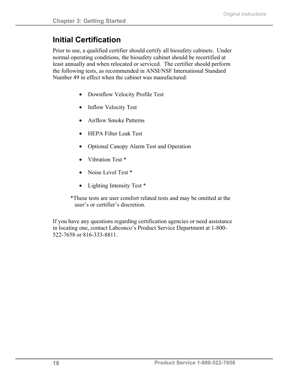 Initial certification | Labconco Total Exhaust Biological Safety Cabinets 34368 Series User Manual | Page 24 / 76