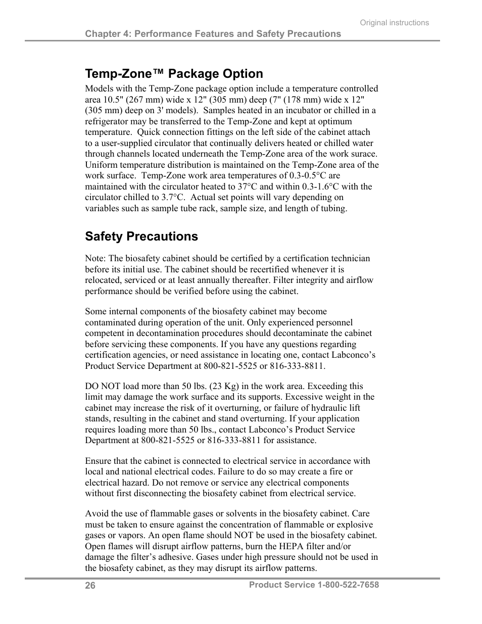 Temp-zone™ package option, Safety precautions | Labconco Total Exhaust Biological Safety Cabinets 34368 Series User Manual | Page 32 / 76