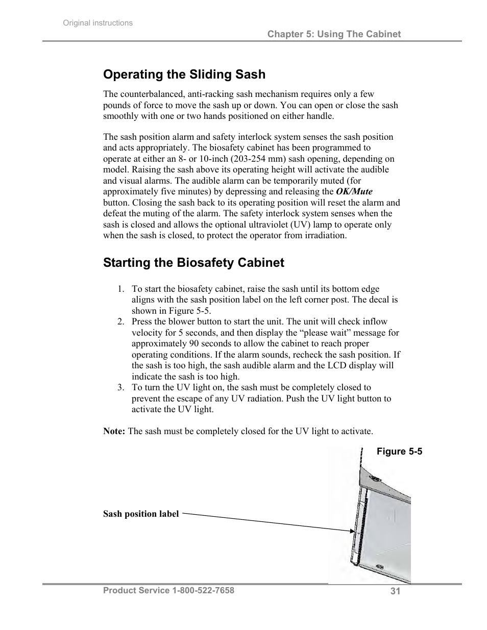 Operating the sliding sash, Starting the biosafety cabinet | Labconco Total Exhaust Biological Safety Cabinets 34368 Series User Manual | Page 37 / 76
