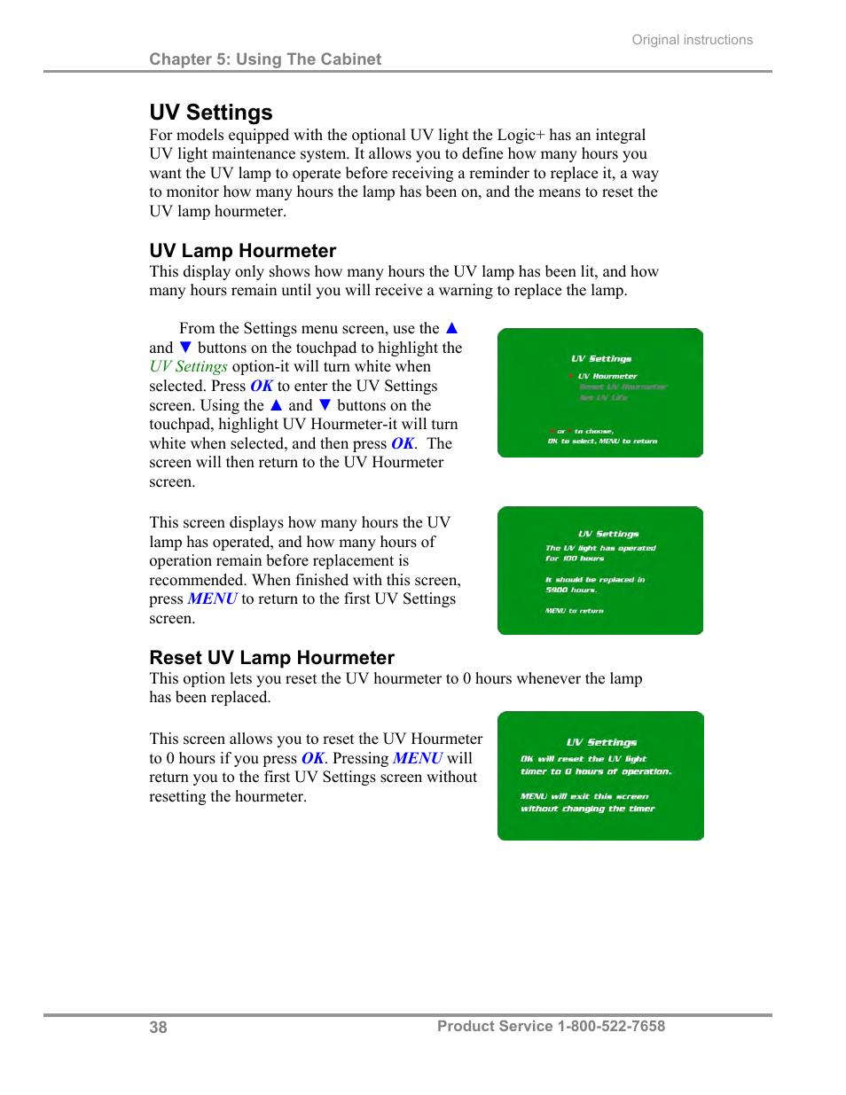 Uv settings | Labconco Total Exhaust Biological Safety Cabinets 34368 Series User Manual | Page 44 / 76