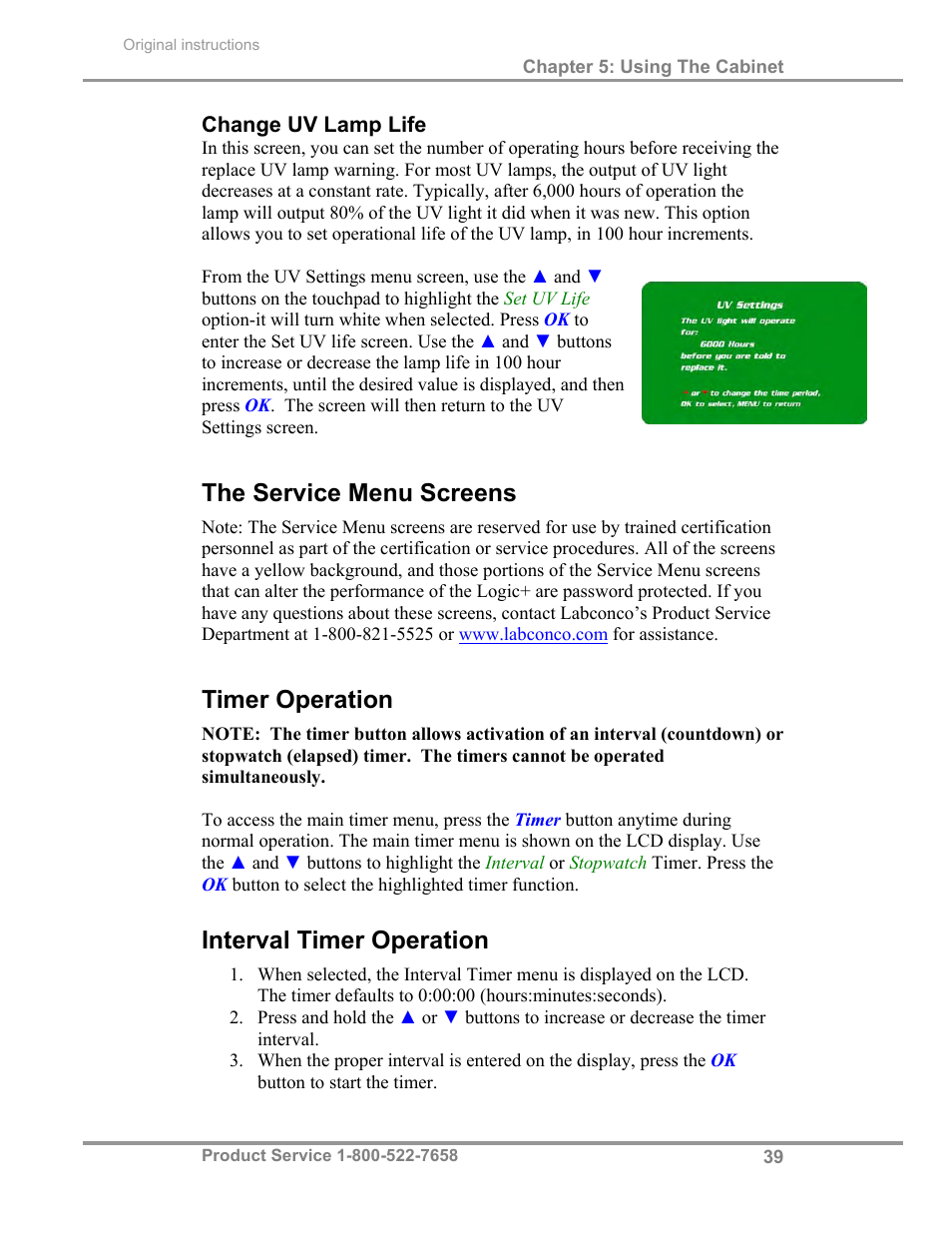 The service menu screens, Timer operation, Interval timer operation | Labconco Total Exhaust Biological Safety Cabinets 34368 Series User Manual | Page 45 / 76