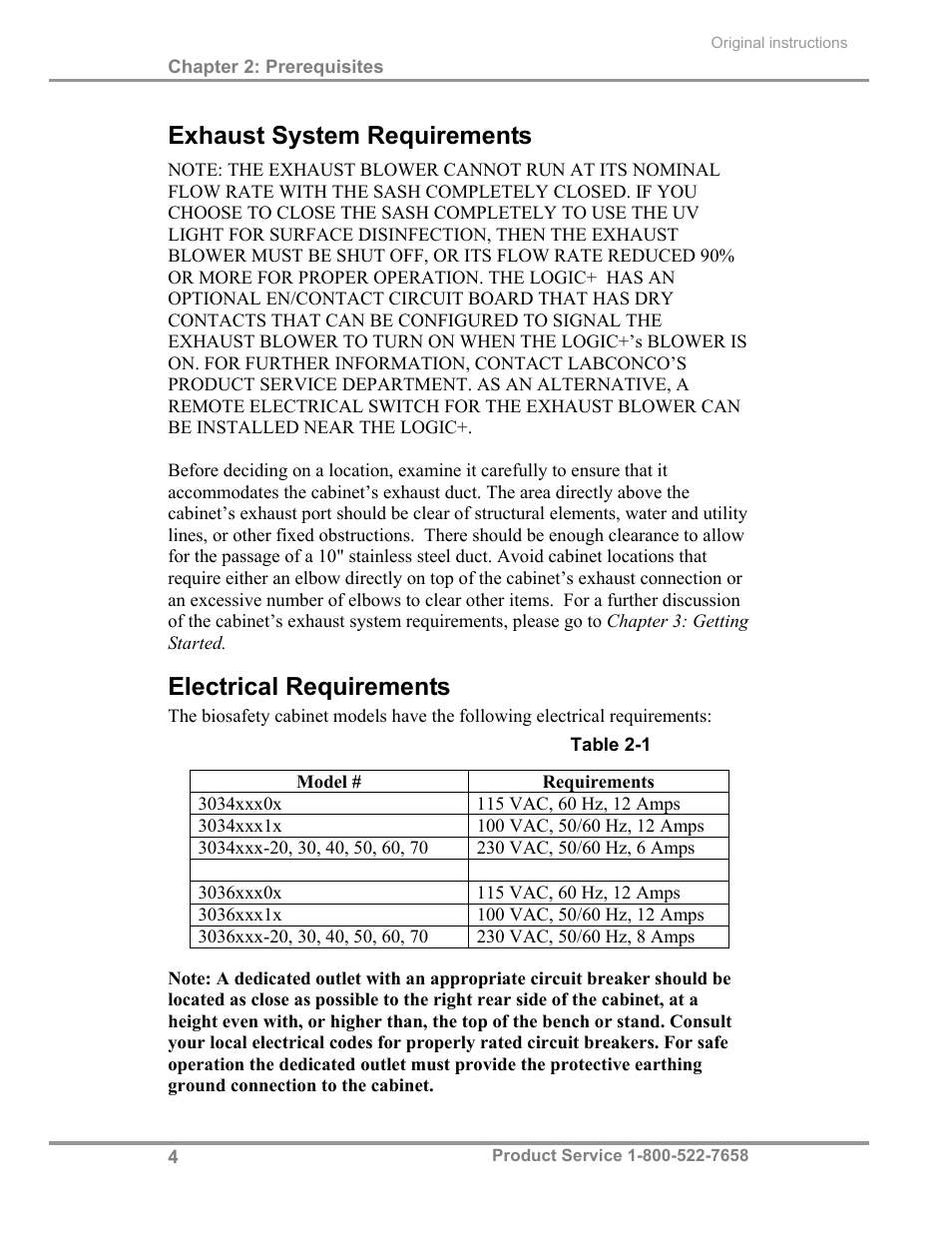 Exhaust system requirements, Electrical requirements | Labconco Total Exhaust Biological Safety Cabinets 30368 Series User Manual | Page 10 / 64