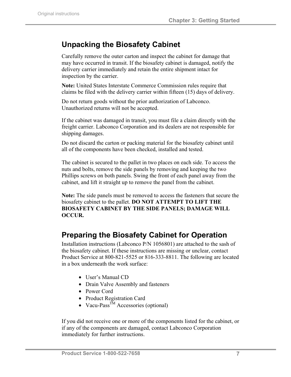 Unpacking the biosafety cabinet, Preparing the biosafety cabinet for operation | Labconco Total Exhaust Biological Safety Cabinets 30368 Series User Manual | Page 13 / 64