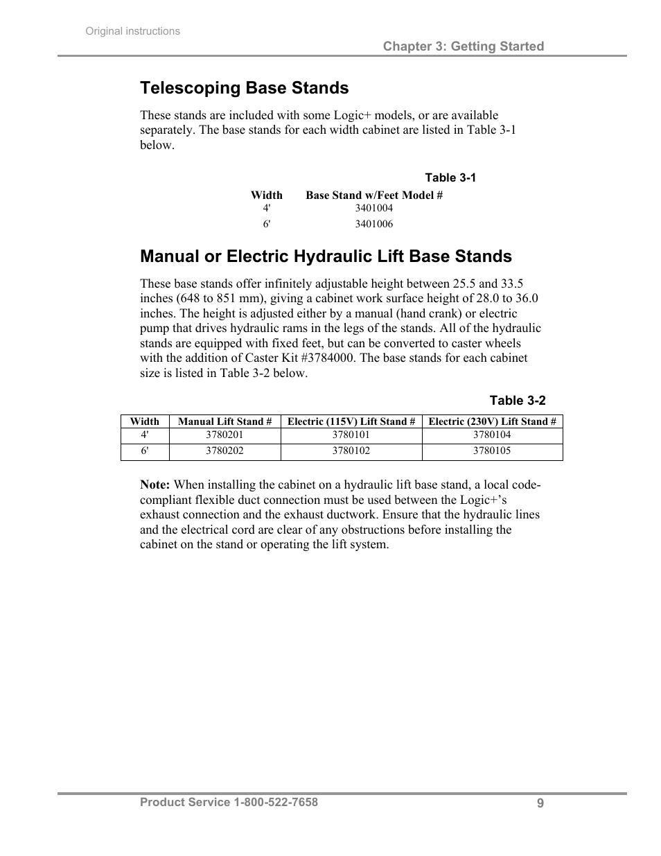 Telescoping base stands, Manual or electric hydraulic lift base stands | Labconco Total Exhaust Biological Safety Cabinets 30368 Series User Manual | Page 15 / 64