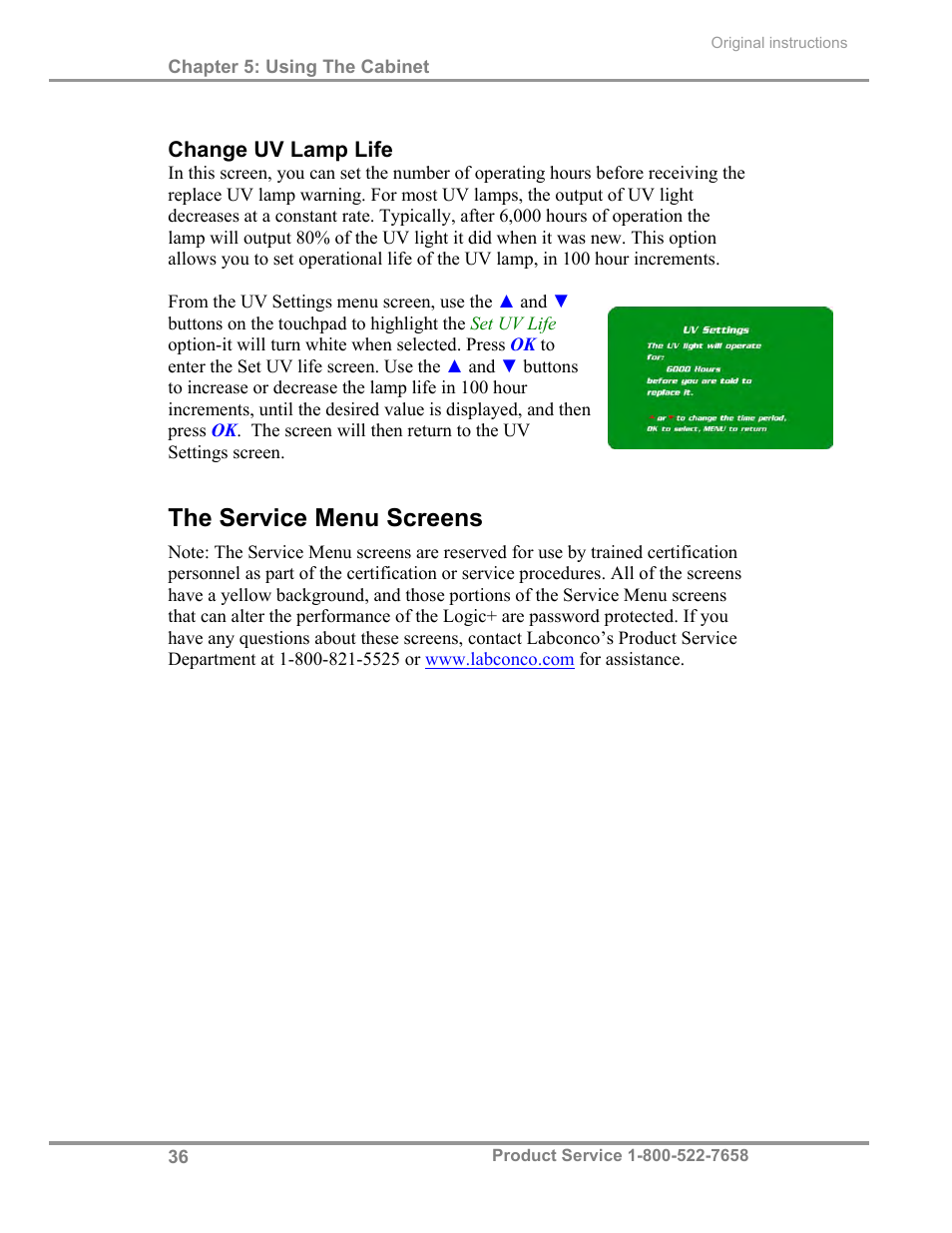 The service menu screens | Labconco Total Exhaust Biological Safety Cabinets 30368 Series User Manual | Page 42 / 64