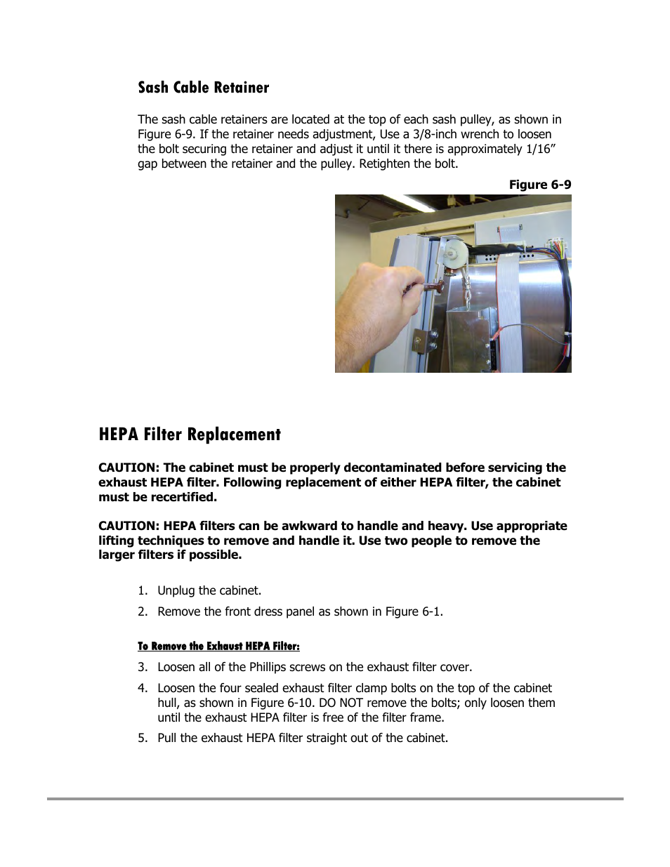 Hepa filter replacement, Sash cable retainer | Labconco Type C1 Biosafety Cabinet Models 30468 User Manual | Page 100 / 155