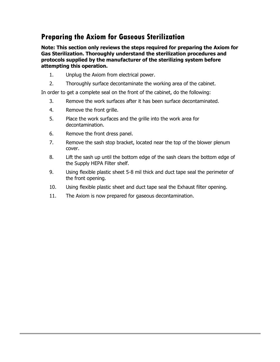Preparing the axiom for gaseous sterilization | Labconco Type C1 Biosafety Cabinet Models 30468 User Manual | Page 112 / 155
