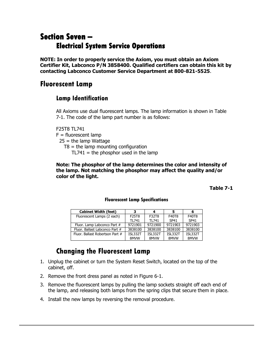 Electrical system service operations, Fluorescent lamp, Changing the fluorescent lamp | Lamp identification | Labconco Type C1 Biosafety Cabinet Models 30468 User Manual | Page 113 / 155