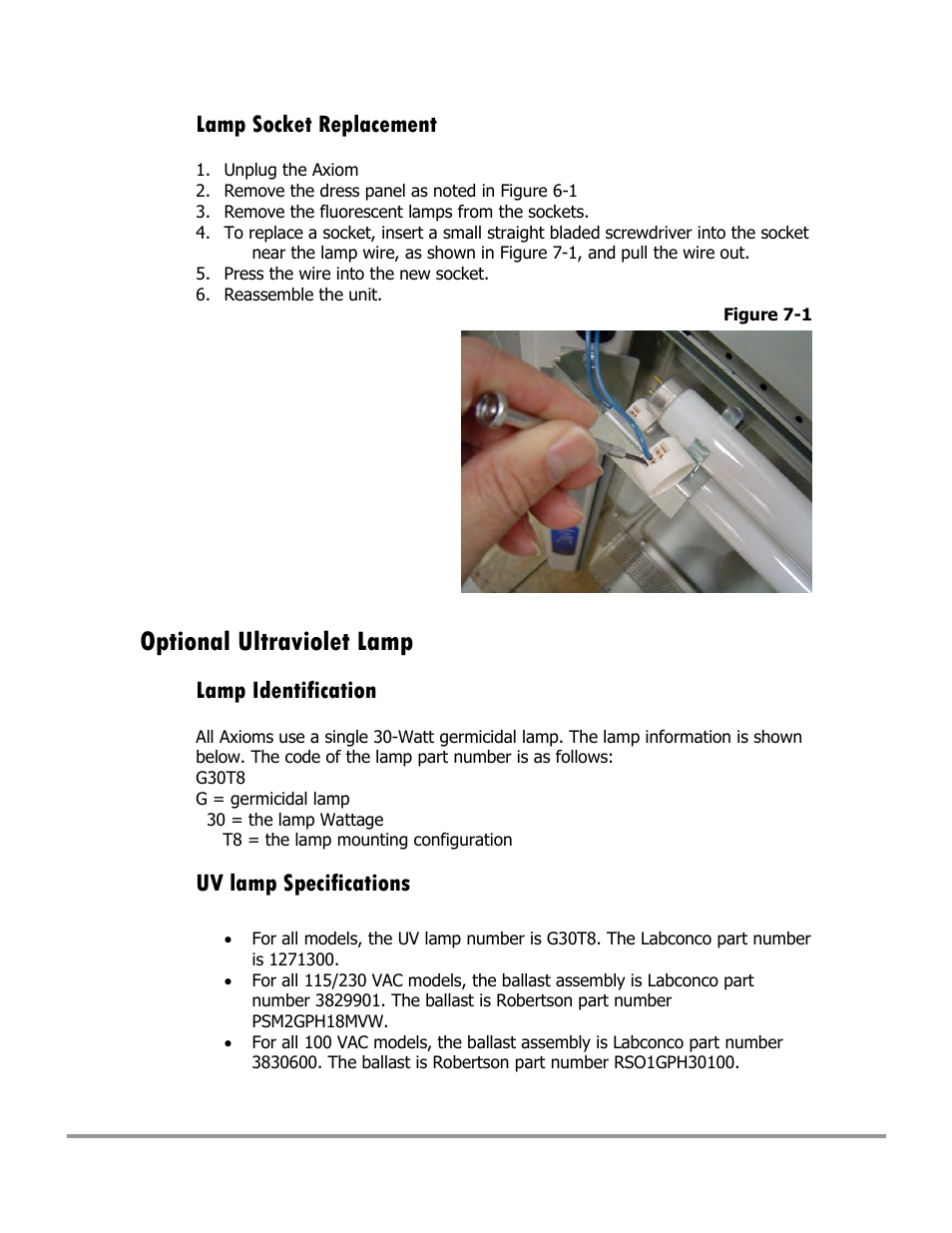 Optional ultraviolet lamp, Lamp socket replacement, Lamp identification | Uv lamp specifications | Labconco Type C1 Biosafety Cabinet Models 30468 User Manual | Page 114 / 155