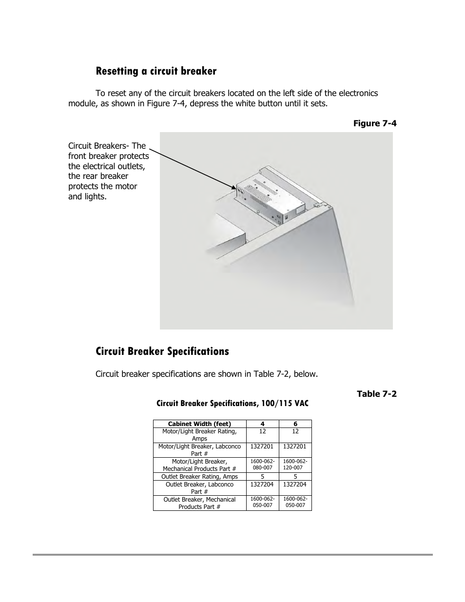 Resetting a circuit breaker, Circuit breaker specifications | Labconco Type C1 Biosafety Cabinet Models 30468 User Manual | Page 117 / 155