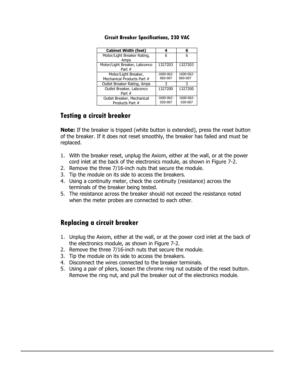 Testing a circuit breaker, Replacing a circuit breaker | Labconco Type C1 Biosafety Cabinet Models 30468 User Manual | Page 118 / 155