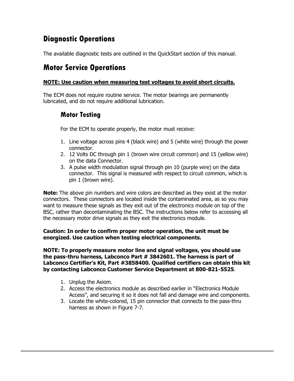 Diagnostic operations, Motor service operations, Motor testing | Labconco Type C1 Biosafety Cabinet Models 30468 User Manual | Page 121 / 155