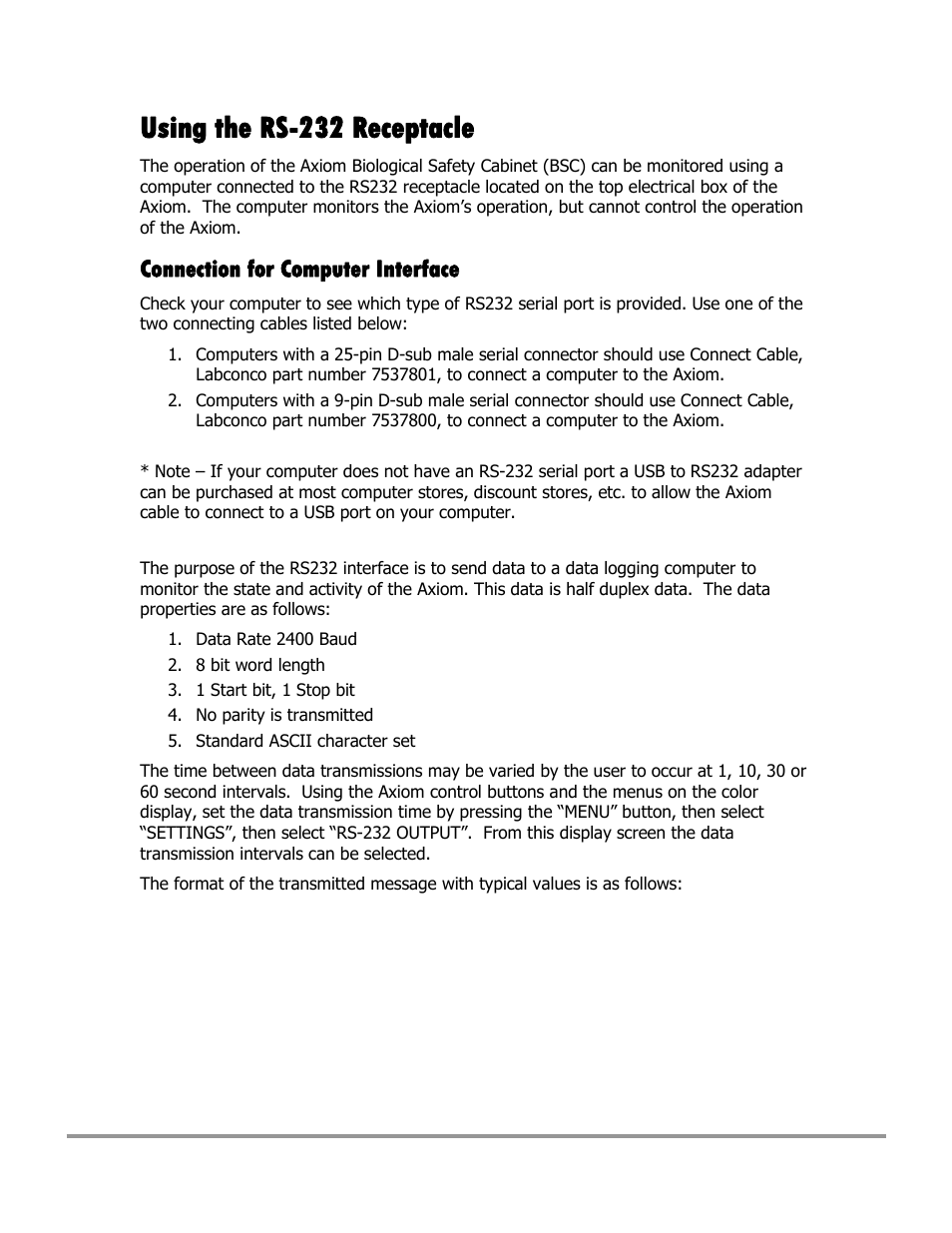 Using the rs-232 receptacle, Connection for computer interface | Labconco Type C1 Biosafety Cabinet Models 30468 User Manual | Page 141 / 155