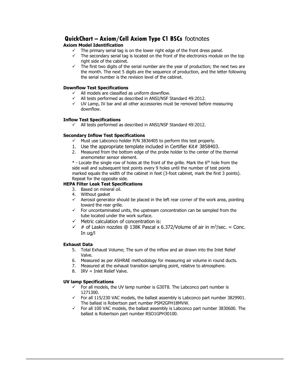 Quickchart – axiom/cell axiom type c1 bscs | Labconco Type C1 Biosafety Cabinet Models 30468 User Manual | Page 23 / 155