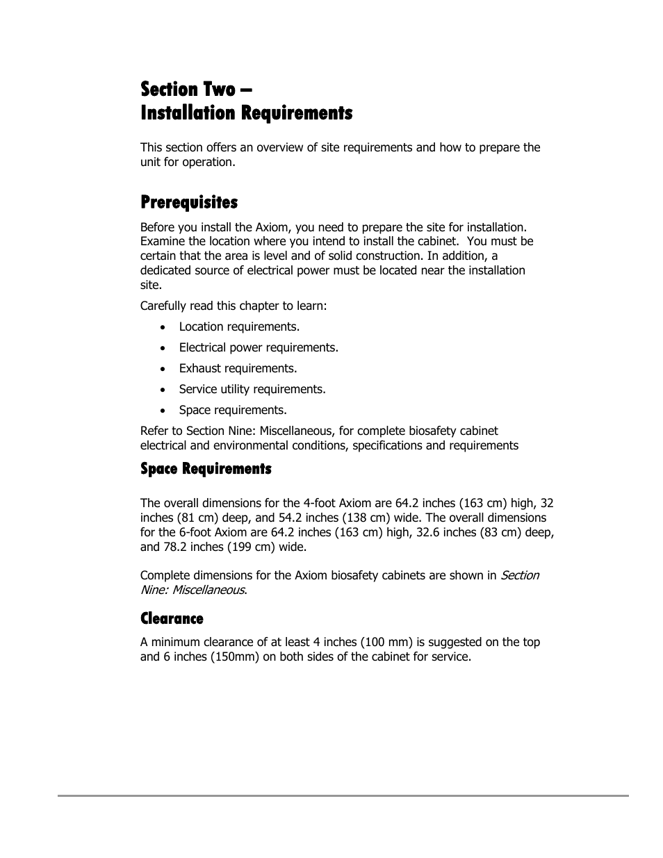 Prerequisites, Space requirements, Clearance | Labconco Type C1 Biosafety Cabinet Models 30468 User Manual | Page 37 / 155
