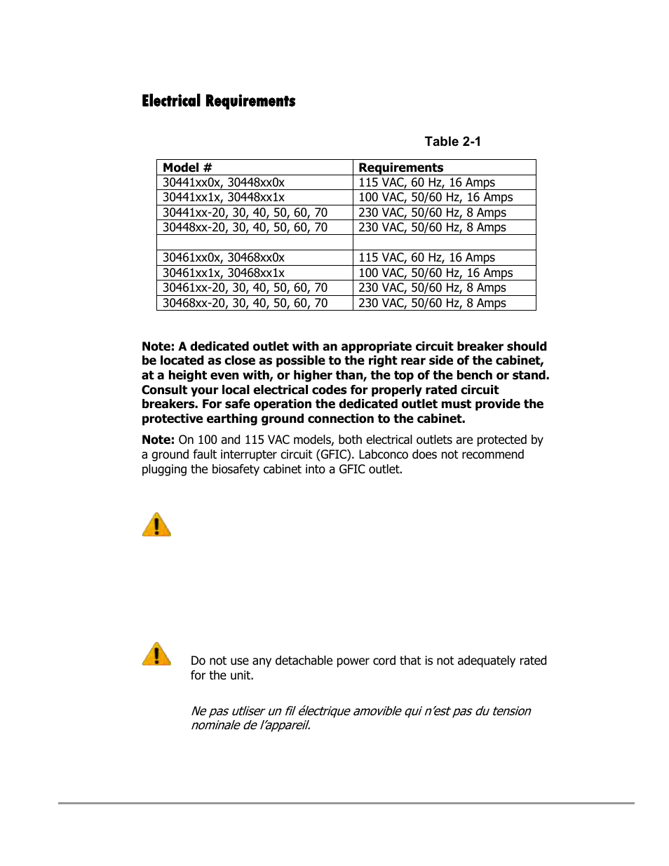 Electrical requirements | Labconco Type C1 Biosafety Cabinet Models 30468 User Manual | Page 42 / 155