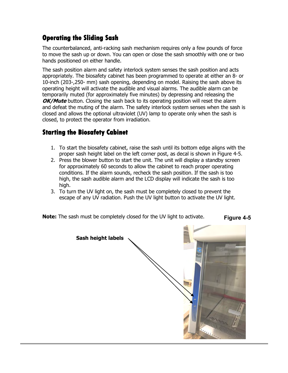 Operating the sliding sash, Starting the biosafety cabinet | Labconco Type C1 Biosafety Cabinet Models 30468 User Manual | Page 64 / 155