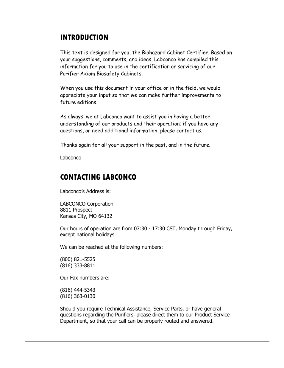 Introduction, Contacting labconco | Labconco Type C1 Biosafety Cabinet Models 30468 User Manual | Page 7 / 155